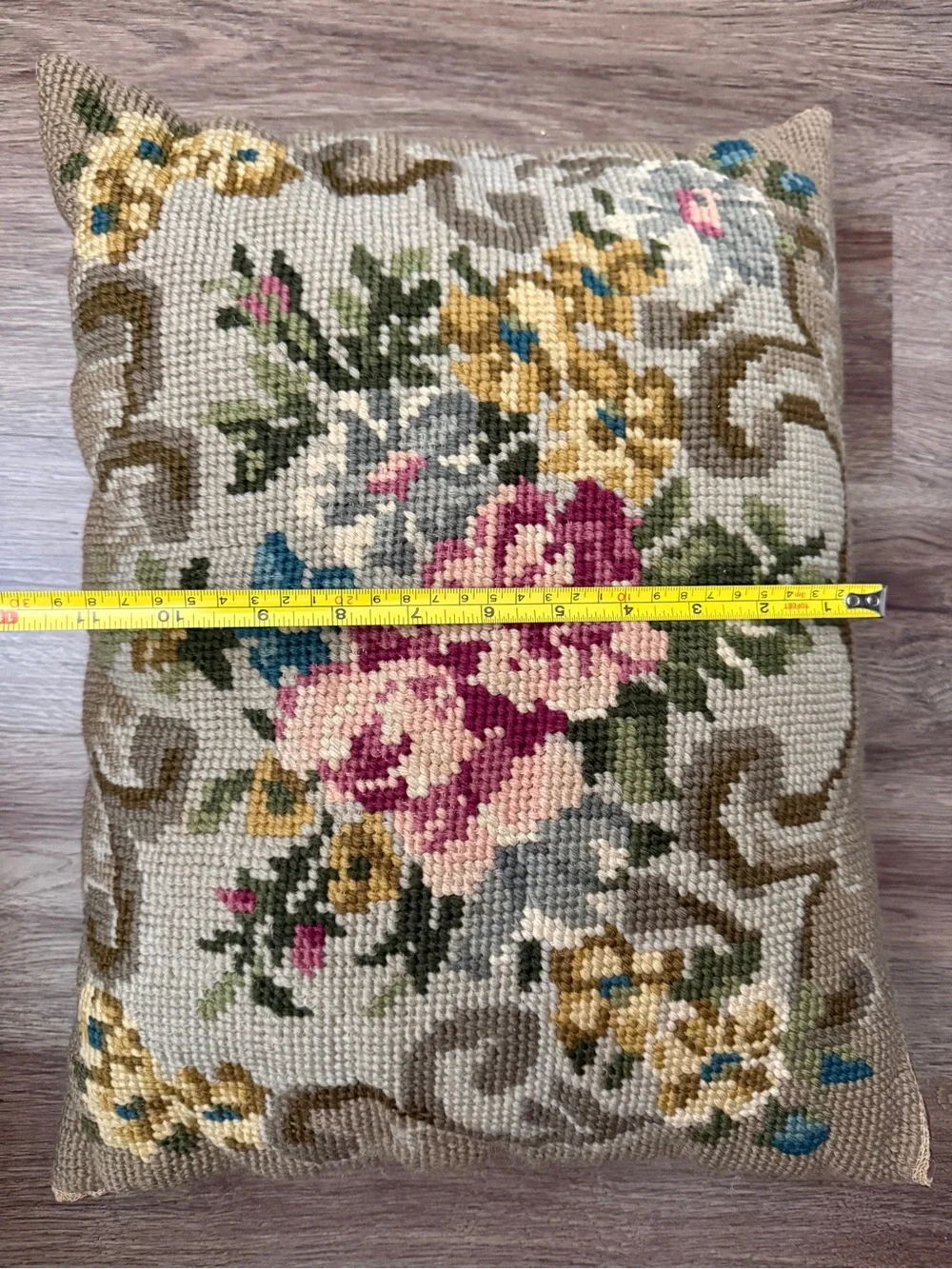 Vintage Floral Needlepoint Lumbar Throw Pillow 16x12 Roses Bouquet Cottagecore